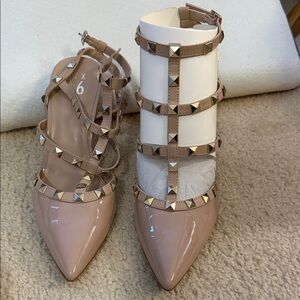 Mix No. 6 Nude Patent Studded T-Strap Pointed Heels